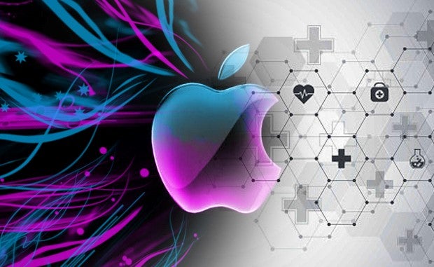 5 Ways Apple Provider Partnerships Are Guiding Its Strategy. An Apple logo in blue and purple trailing connective tendrils on a background of health care icons in a hexagonal grid.