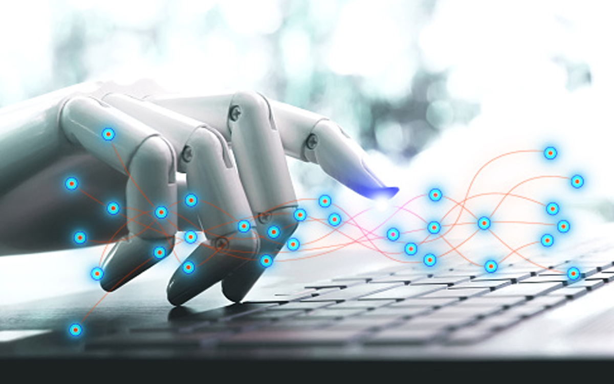 6 Health Systems Enhancing Care Delivery with Ambient AI Scribes. A robotic hand typing on a laptop keyboard with AI data connections overlayed on top of the image.
