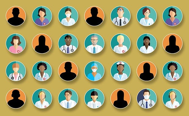 5 Ways to Ease Staffing Shortages Now and into the Future. A four-by-seven grid of clinician icons with eight icons emptying, representing missing or unfilled staff positions.