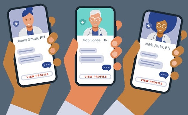 Mayo Clinic Turns to Tech Innovation to Optimize Nurse Staffing. Three left hands of diverse races hold mobile phones running telehealth apps with nurses speaking to the users.