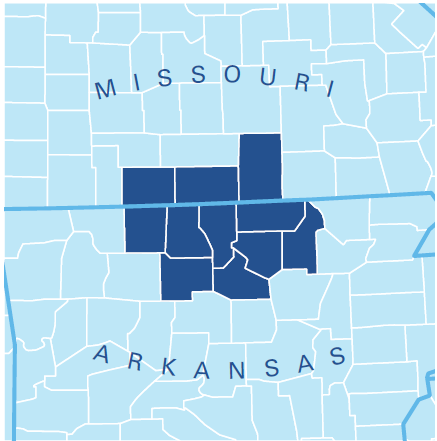 A map of the counties in Arkansas and Missouri that Baxter Health serves.