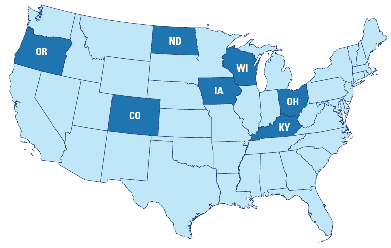 Map of states in the United States have have CHI Living Communities facilities, including Oregon, Colorado, North Dakota, Iowa, Wisconsin, Ohio, and Kentucky.