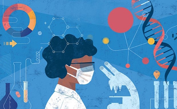 CVS, Walgreens Take On Clinical Trials to Improve the Patient Experience. A Black clinician wearing protective eyewear and a respirator looking through a microscope with test tubes and beakers, a DNA spiral, a molecule diagram, and a segmented circle showing test results in the background.