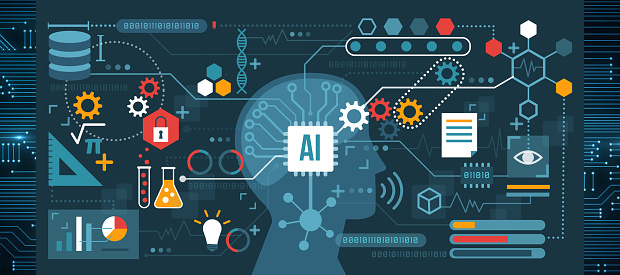 Coalition Offers Blueprint for Trustworthy Health Care AI Implementation. A human head representing Artificial Intelligence surrounded by data sources that are contributing to knowledge base of the AI.