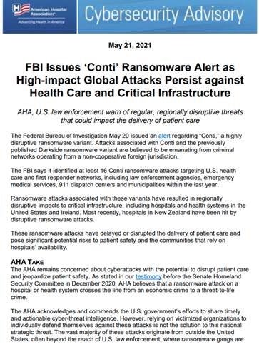 FBI Issues ‘Conti’ Ransomware Alert as High-impact Global Attacks Persist against Health Care and Critical Infrastructure page 1