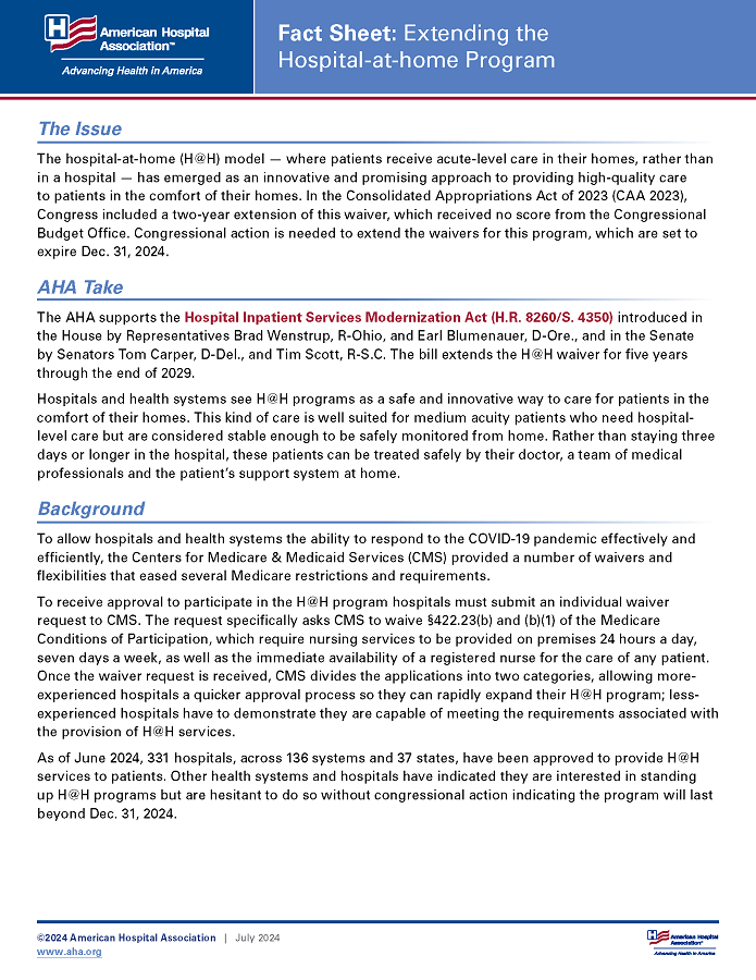 Fact Sheet: Extending the Hospital-at-Home Program page 1.