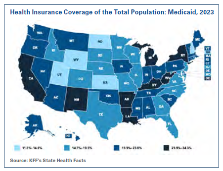Health Insurance Coverage of the Total Population: Medicaid, 2023, map.