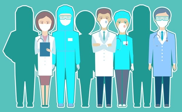 How Some Hospitals Are Grappling with the Workforce Shortage. A group of eight clinicians with five shown completely and three appearing only in an outline representing unfilled positions within a hospital.