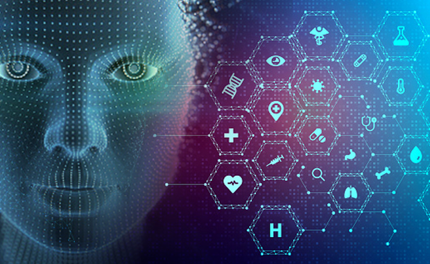 How to Personalize Care across Four Generations of Patients. A digitally rendered human face next to health care icons in interconnected hexagons.