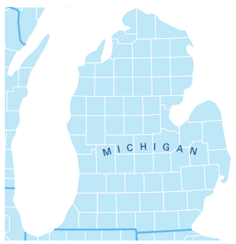 Map of Michigan's lower peninsula with counties shown.