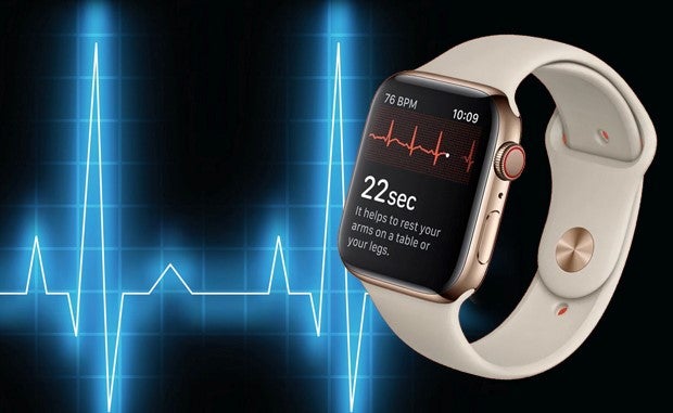 Mayo Clinic Uses AI to Detect Weak Heart Pump via Apple Watch ECGs. An Apple Watch with an EKG and a message to the user saying "It helps to rest your arms on a table or your legs," displayed on the screen with an EKG in the background.