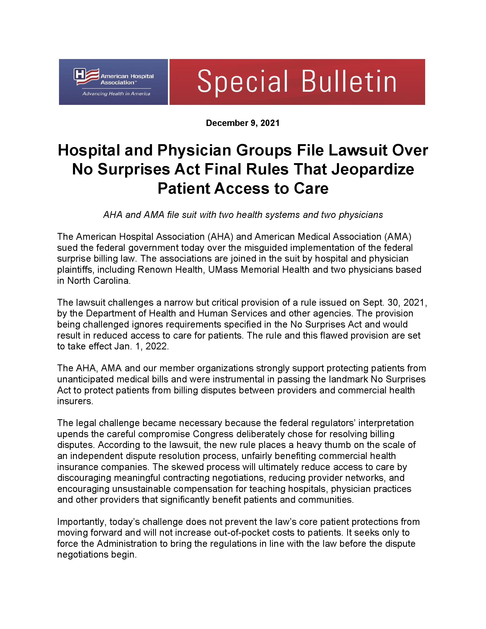 Special Bulletin: Hospital and Physician Groups File Lawsuit Over No Surprises Act Final Rules That Jeopardize Patient Access to Care page 1.