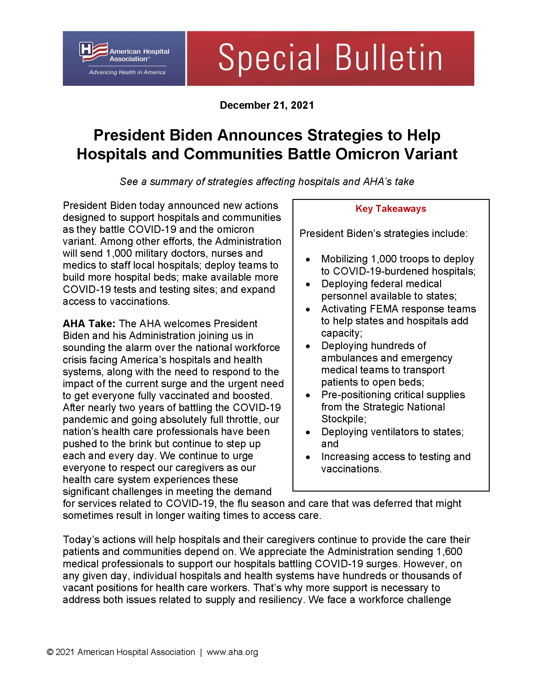 Special Bulletin: President Biden Announces Strategies to Help Hospitals and Communities Battle Omicron Variant page 1.