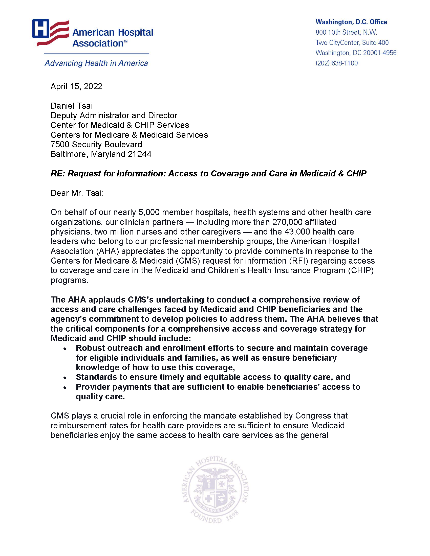 Letter to CMS in Response to RFI Access to Coverage and Care in Medicaid & CHIP AHA