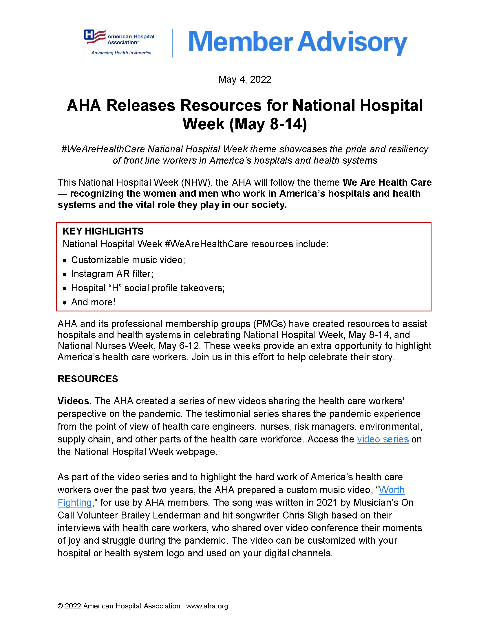 Aha Releases Resources For National Hospital Week May 8 14 Aha