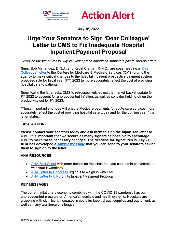 Action Alert: Urge Your Senators to Sign ‘Dear Colleague’ Letter to CMS to Fix Inadequate Hospital Inpatient Payment Proposal