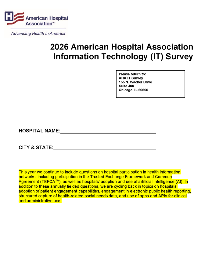 2026 American Hospital Association Information Technology (IT) Survey page 1.