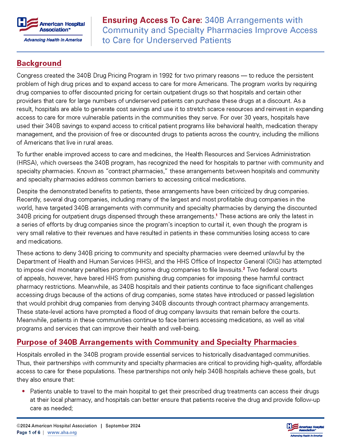 Ensuring Access to Care: 340B Arrangements with Community and Specialty Pharmacies Improve Access to Care for Underserved Patients page 1.