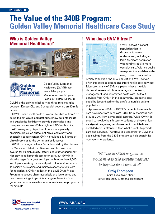The Value of the 340B Program: Golden Valley Memorial Healthcare Case Study page 1.