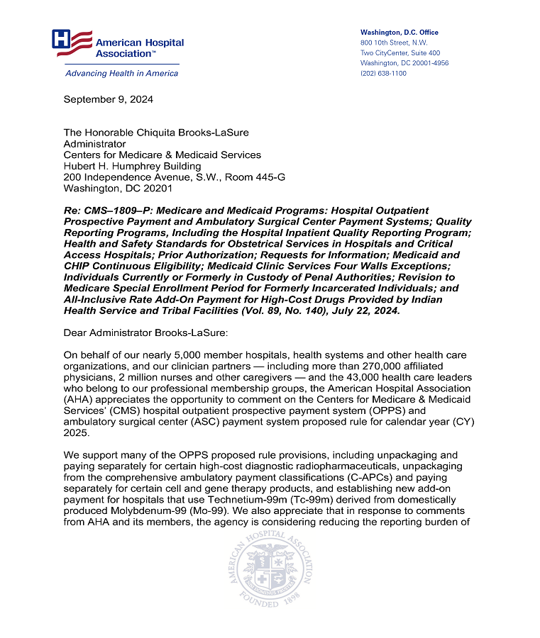 AHA Comments on CMS Outpatient, Ambulatory Surgery Center CY 2025 Proposed Payment Rule letter page 1.