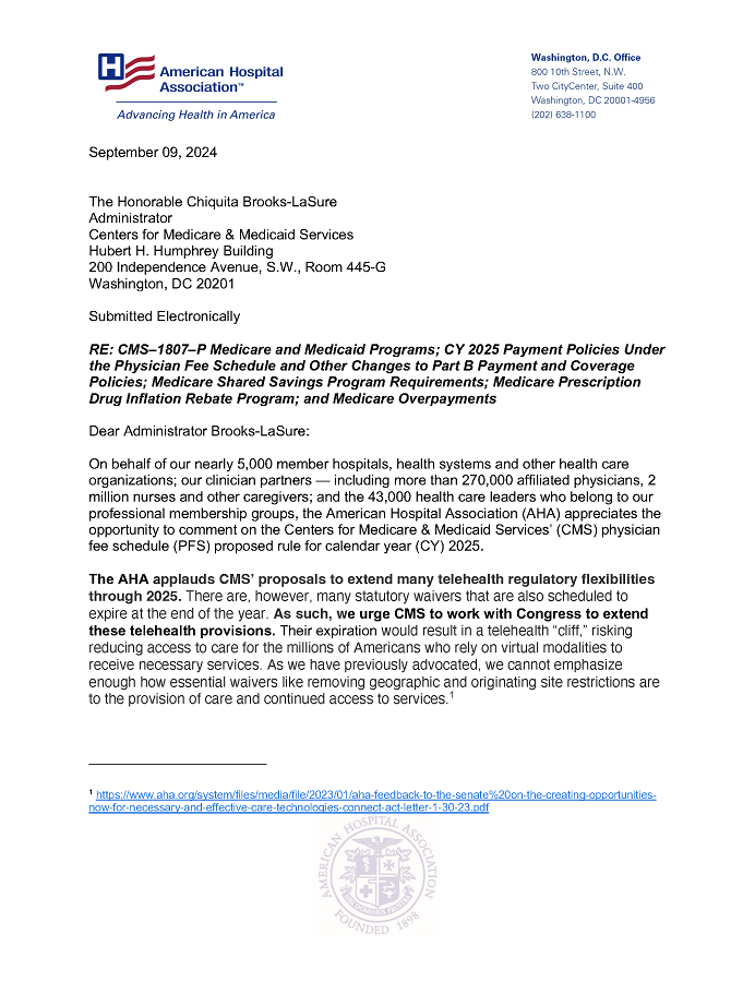 AHA Comments on CMS Physician Fee Schedule CY 2025 Proposed Rule letter page 1.