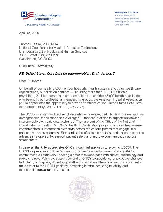 AHA Comments on ONC Core Data for Interoperability Draft page 1.