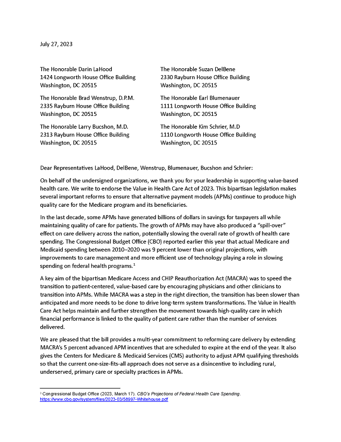AHA Letter in Support of the Value in Health Care Act of 2023 page 1.