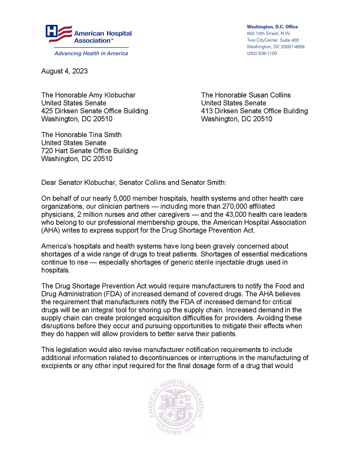 AHA Letter of Support for the Drug Shortage Prevention Act of 2023 page 1.