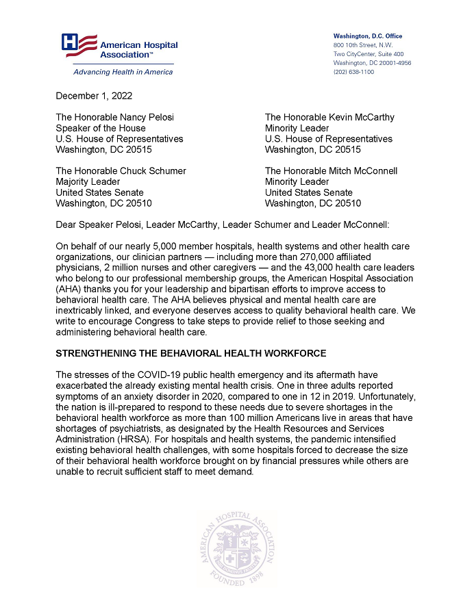 AHA Letter to Congress on Year-End Behavioral Health Priorities page 1.