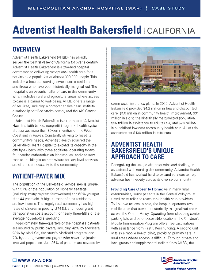 Adventist Health Bakersfield, California, Metropolitan Anchor Hospital (MAH) Case Study page 1.