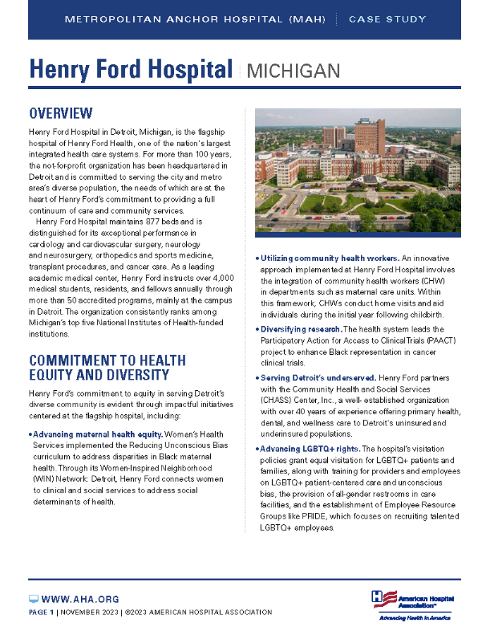 Henry Ford Hospital, Michigan: Metropolitan Anchor Hospital (MAH) case study page 1.