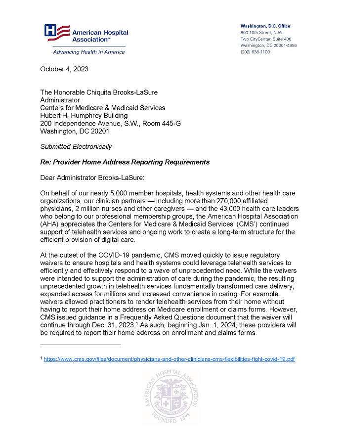 AHA Responds to CMS’ Requirement to Report Telehealth Provider Home Addresses letter page 1.