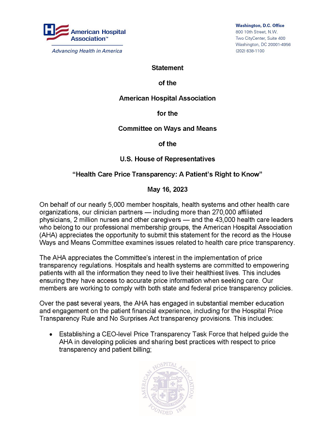 AHA Statement for House Committee on Ways and Means on Health Care Price Transparency page 1.