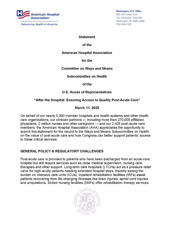 AHA Statement to House Ways and Means Subcommittee on Health for Hearing March 11, 2025 page 1.