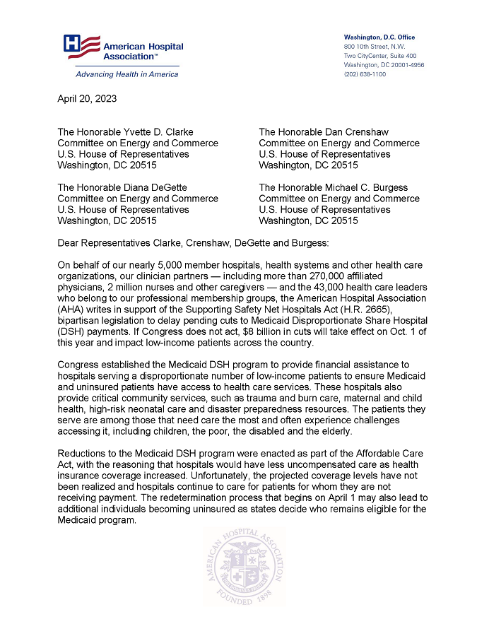 A Letter in Support of Supporting Safety Net Hospitals Act (H.R. 2665) page 1.