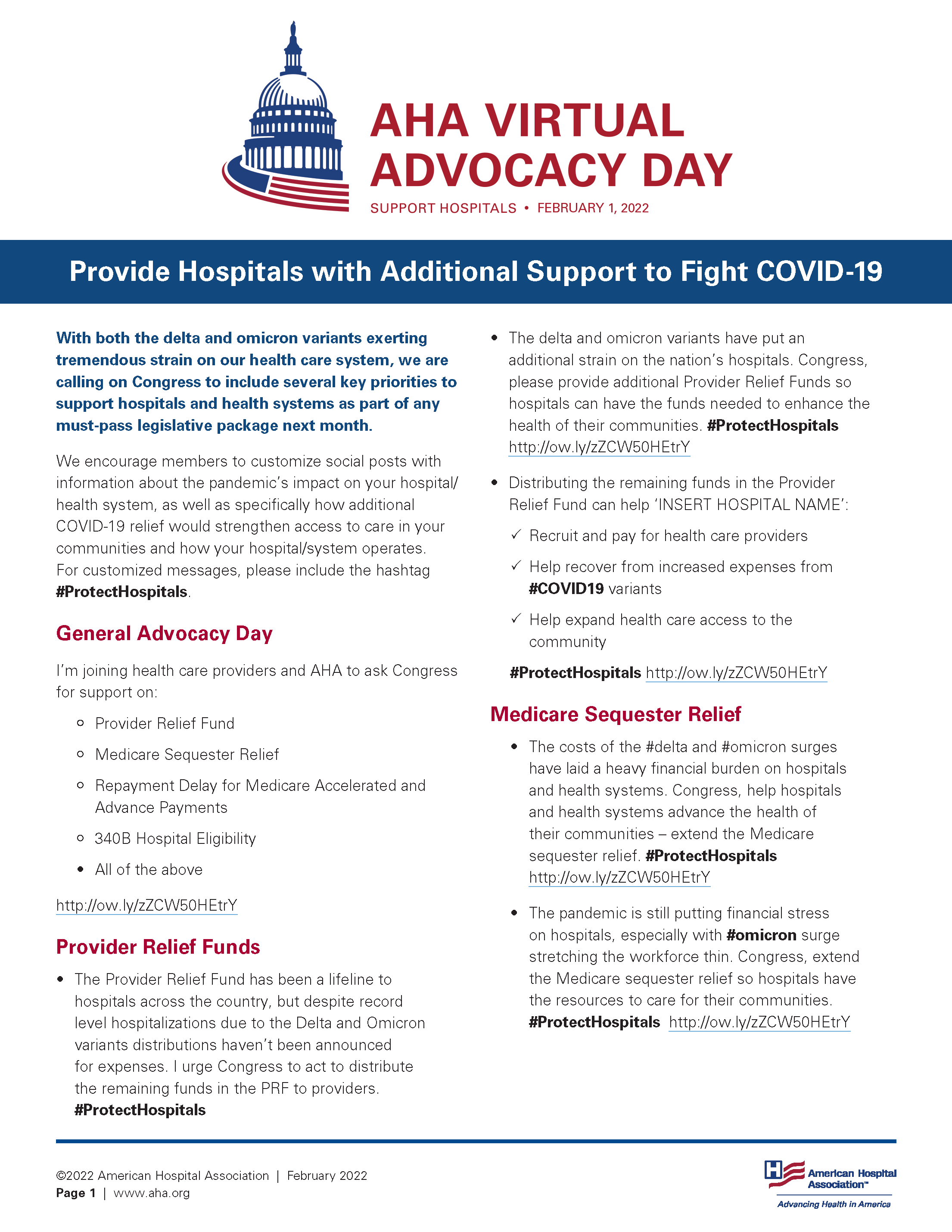 AHA Virtual Advocacy Day February 1, 2022, Digital Toolkit page 1.