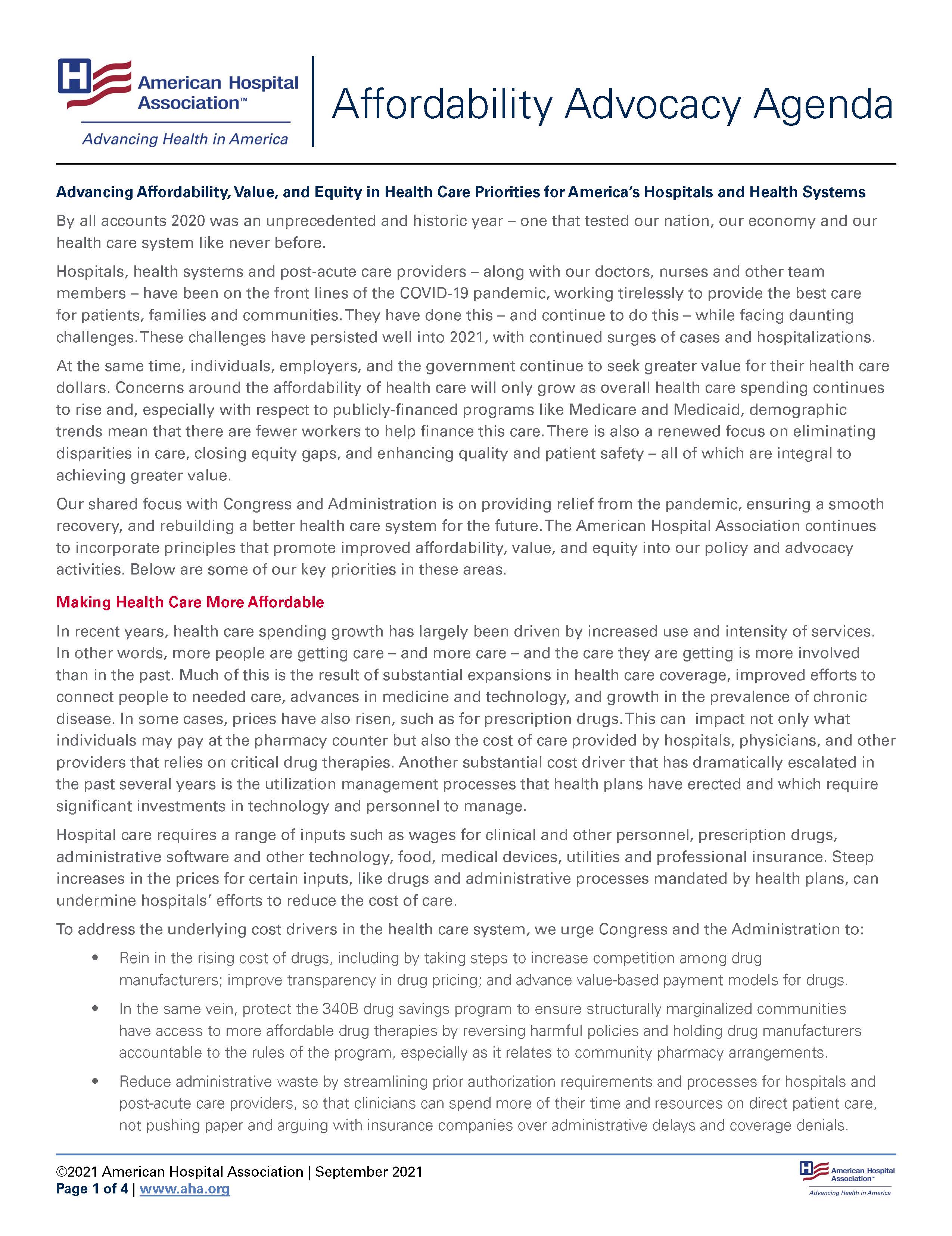 AHA Affordability Advocacy Agenda 2021 page one.