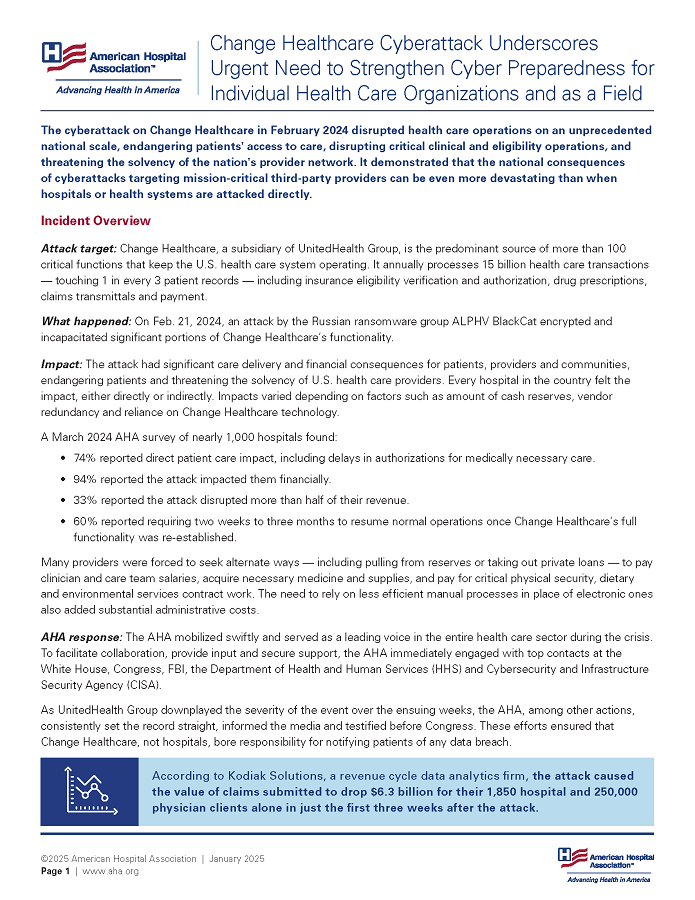 Change Healthcare Cyberattack Underscores Urgent Need to Strengthen Cyber Preparedness for Individual Health Care Organizations and as a Field report page 1