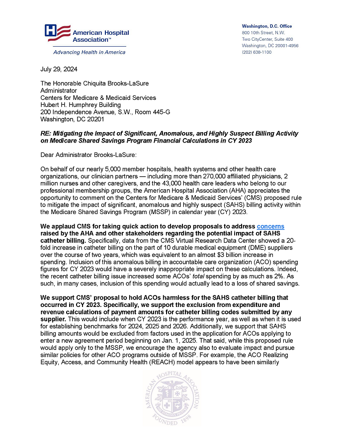 Comment Letter on CMS’ Proposed Rule to Mitigate the Impact of Significant, Anomalous and Highly Suspect Billing Activity within the Medicare Shared Savings Program in CY 2023 page 1.