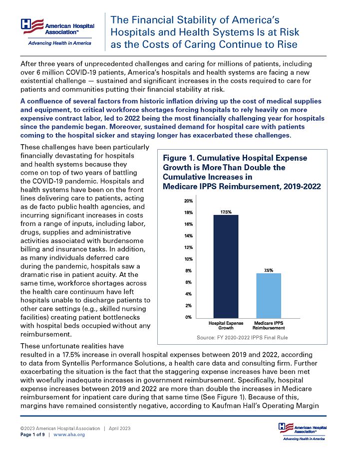The Financial Stability of America’s Hospitals and Health Systems Is at Risk as the Costs of Caring Continue to Rise page 1.