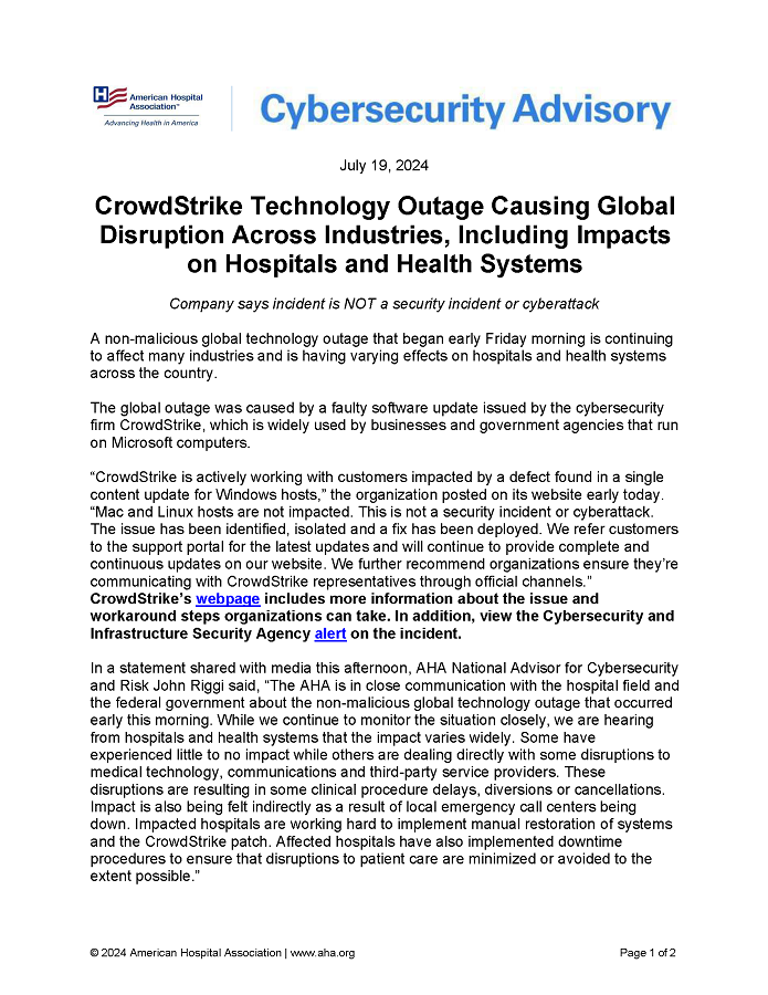 CrowdStrike Technology Outage Causing Global Disruption Across Industries, Including Impacts on Hospitals and Health Systems Cybersecurity Advisory page 1.