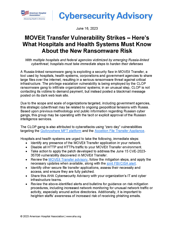 MOVEit Transfer Vulnerability Strikes — Here’s What Hospitals and Health Systems Must Know About the New Ransomware Risk page 1.
