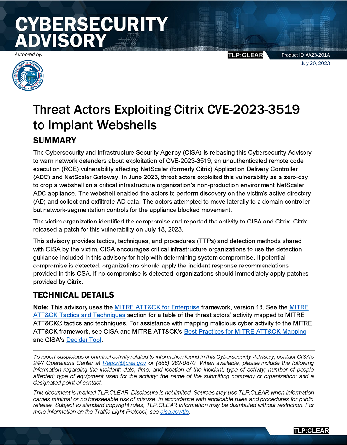 Cybersecurity Advisory: Threat Actors Exploiting Citrix CVE-2023-3519 to Implant Webshells page 1.