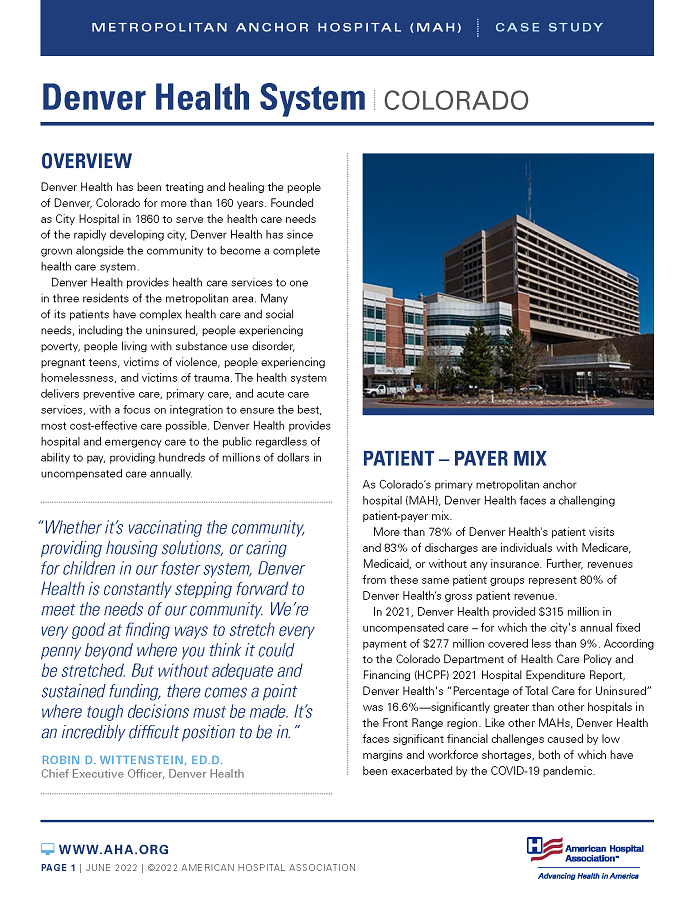 Denver Health System, Colorado: Metropolitan Anchor Hospital (MAH) case study page 1.