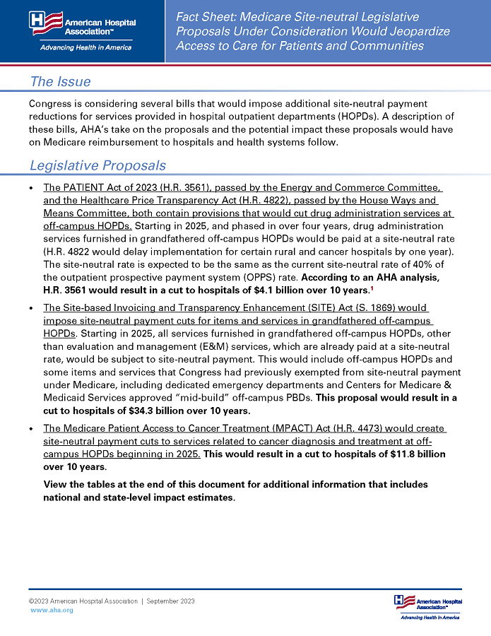 Fact Sheet: Medicare Site-neutral Legislative Proposals Under Consideration Would Jeopardize Access to Care for Patients and Communities page 1.