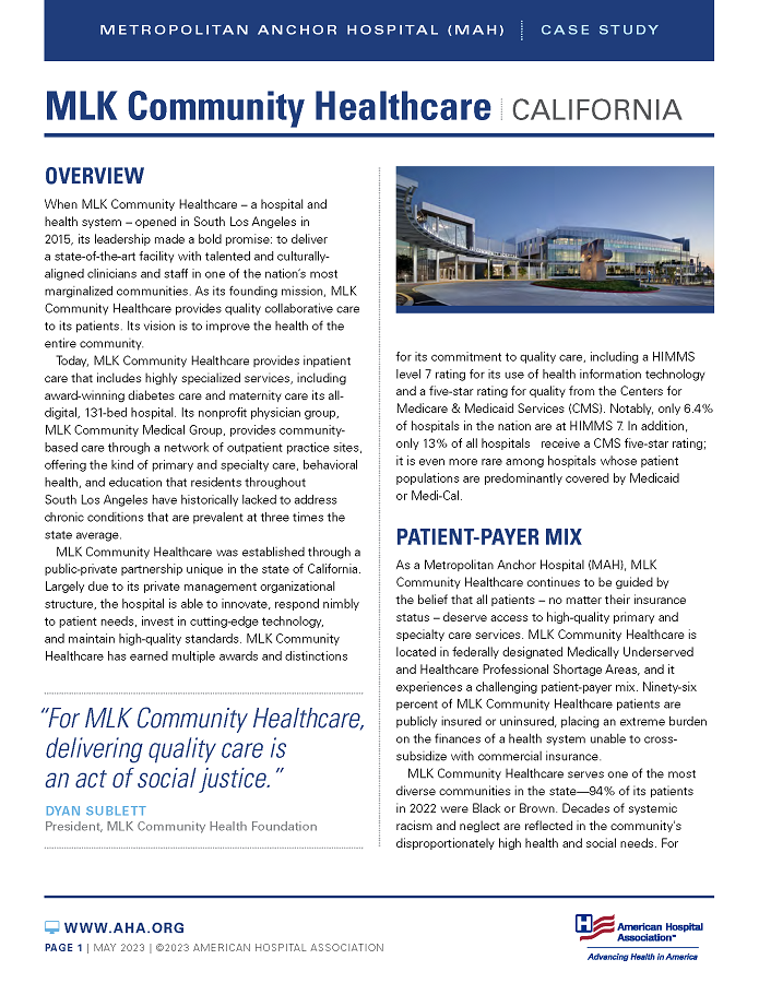MLK Community Healthcare, California: Metropolitan Anchor Hospital (MAH) case study page 1.
