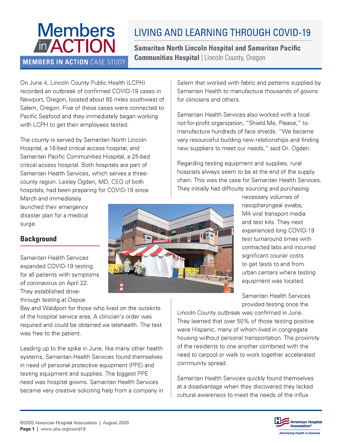 Members in Action Case Study: Living and Learning through COVID-19 on Samaritan North Lincoln Hospital and Samaritan Pacific Communities Hospital page 1.