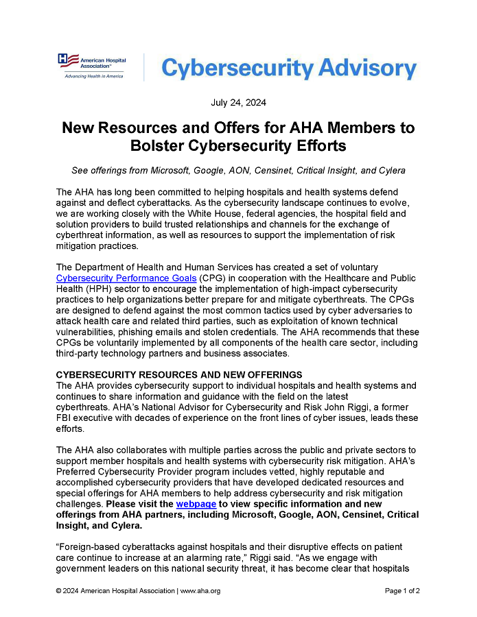 Cybersecurity Advisory: New Resources and Offers for AHA Members to Bolster Cybersecurity Efforts page 1.