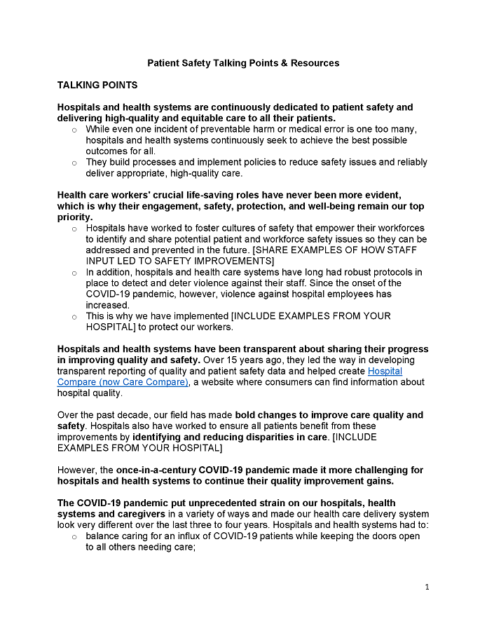 Patient Safety Talking Points & Resources page 1.