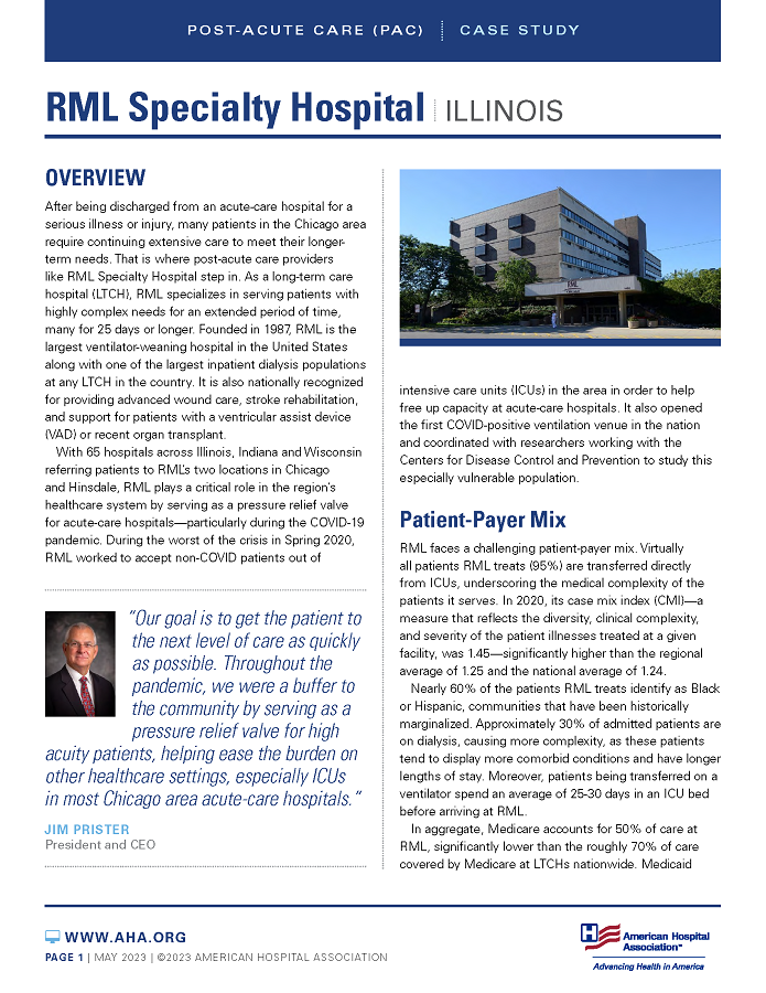 RML Specialty Hospital Post-Acute Care Case Study page 1.
